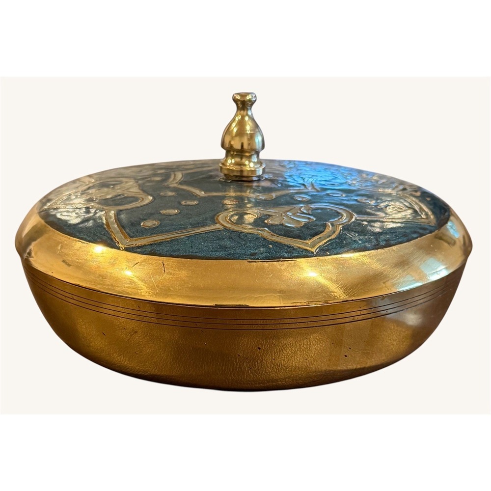 Vintage Solid Brass 7" Lidded Candy Dish Blue Enamel Etched Trinket Vanity Box